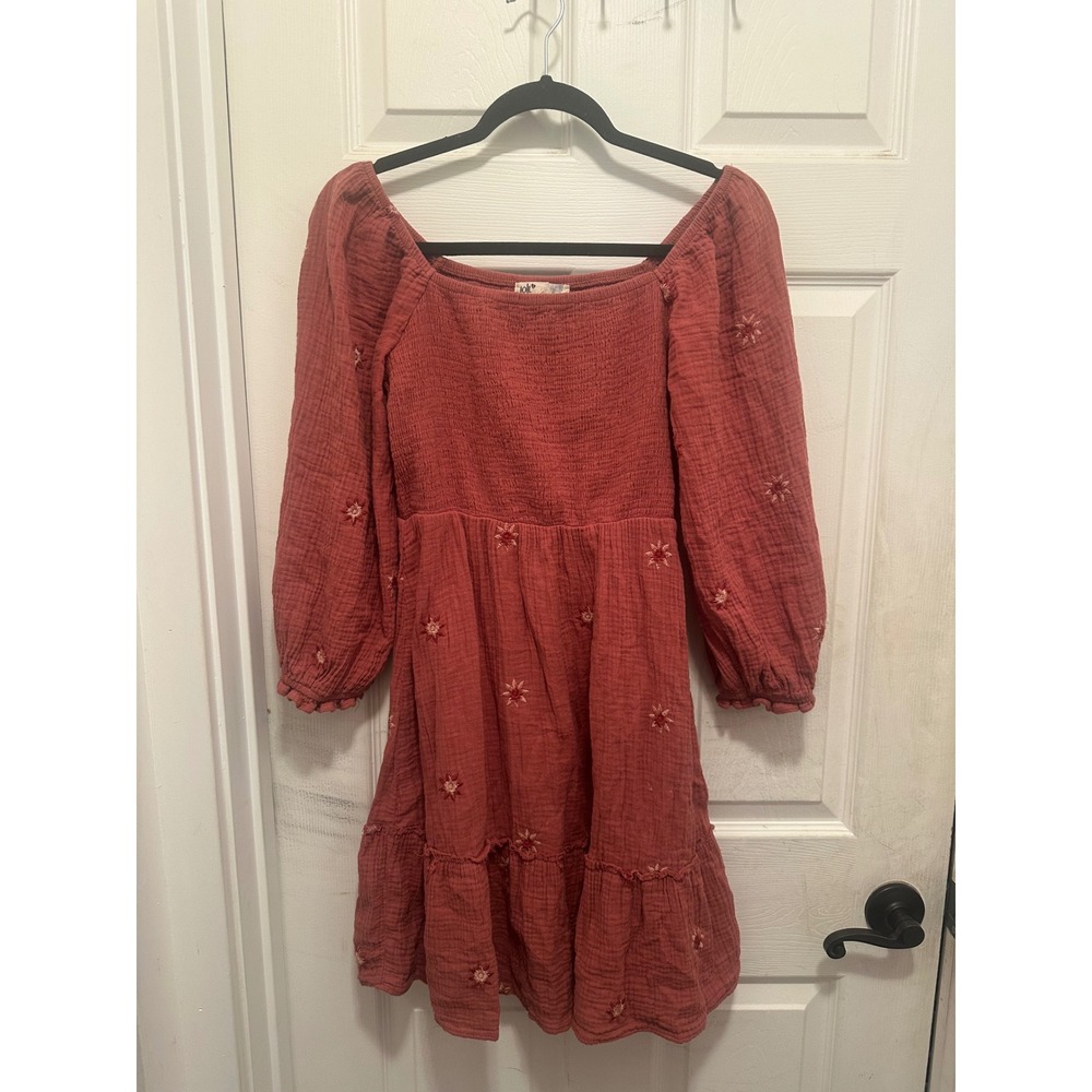 Terracotta Rust Cotton Gauze Smocked Mini Dress Embroidered Starburst Small